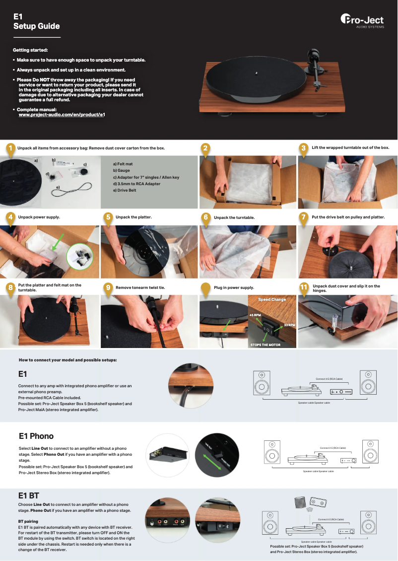 Page 1 of the manual Installation Guide Pro-Ject E1 Phono