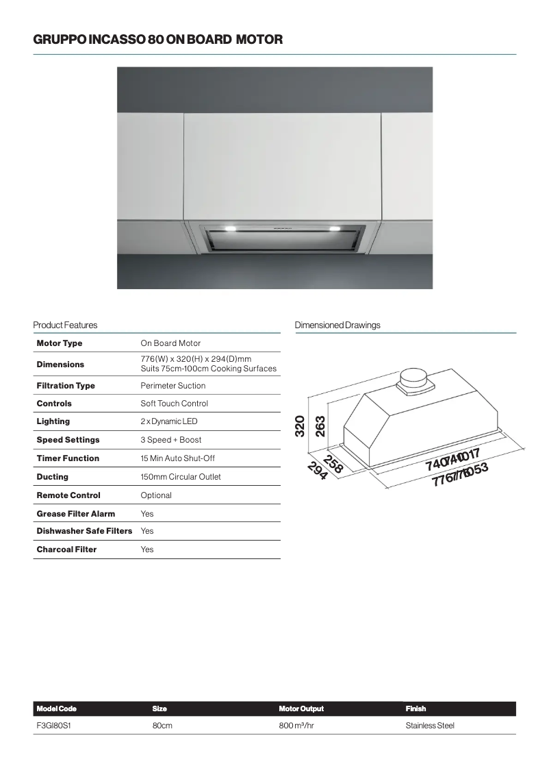 Page 1 of the manual Technical Sheet Falmec F3GI80S1