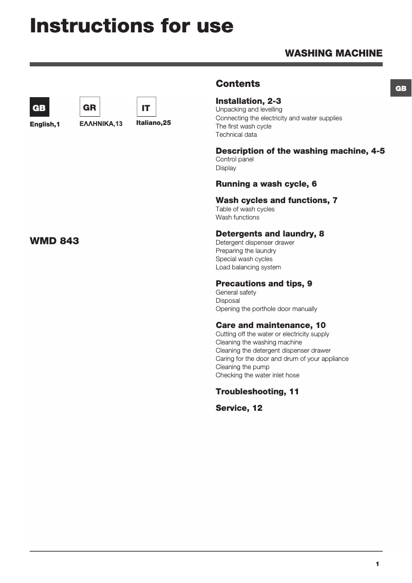 Page 1 of the manual User Manual Hotpoint Ariston WMD 843BS