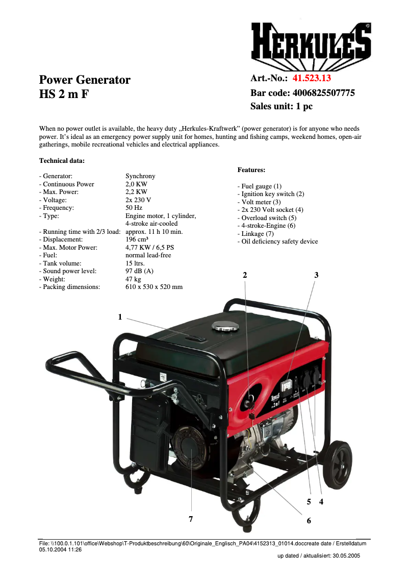 Page 1 of the manual Technical Sheet Herkules HS 2 m F