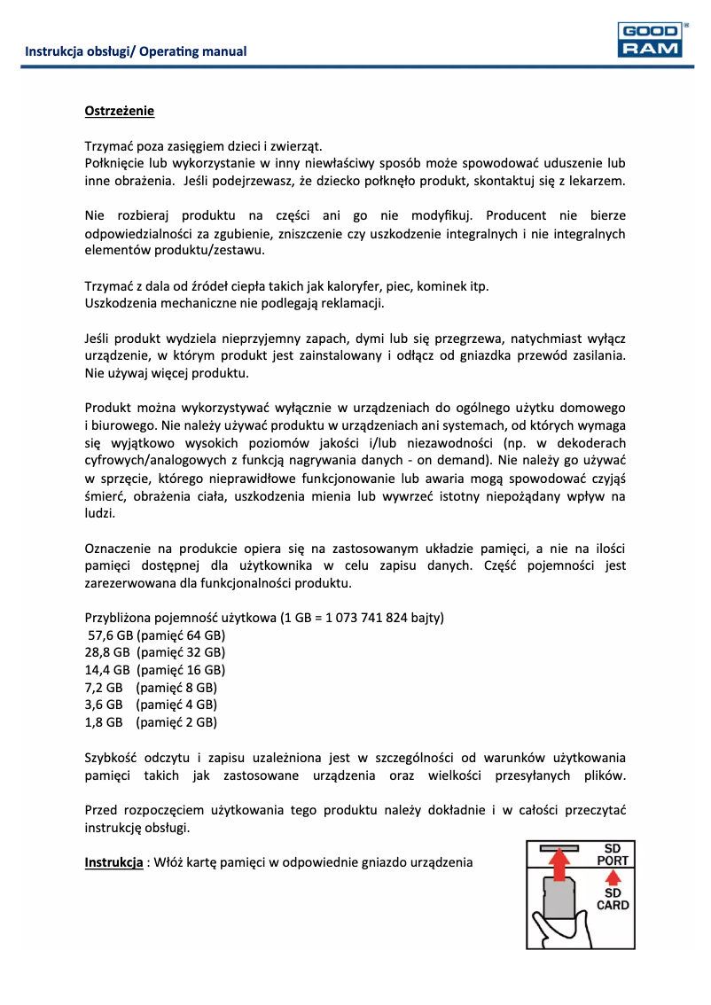 Page 1 of the manual User Manual Goodram SD