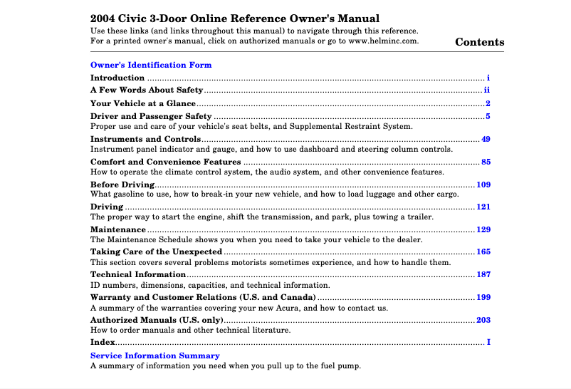 Page 1 of the manual User Manual Honda Civic Si Coupe (2004)