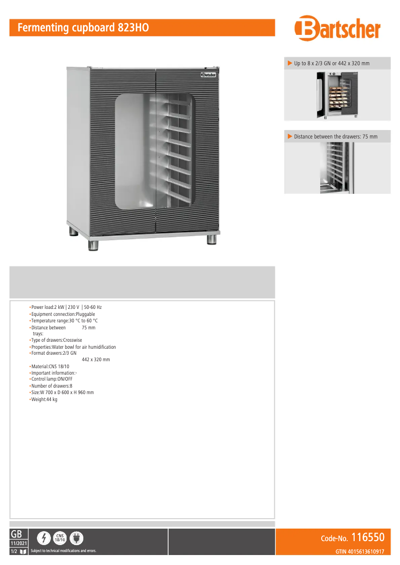 Page 1 of the manual Technical Sheet Bartscher 116550