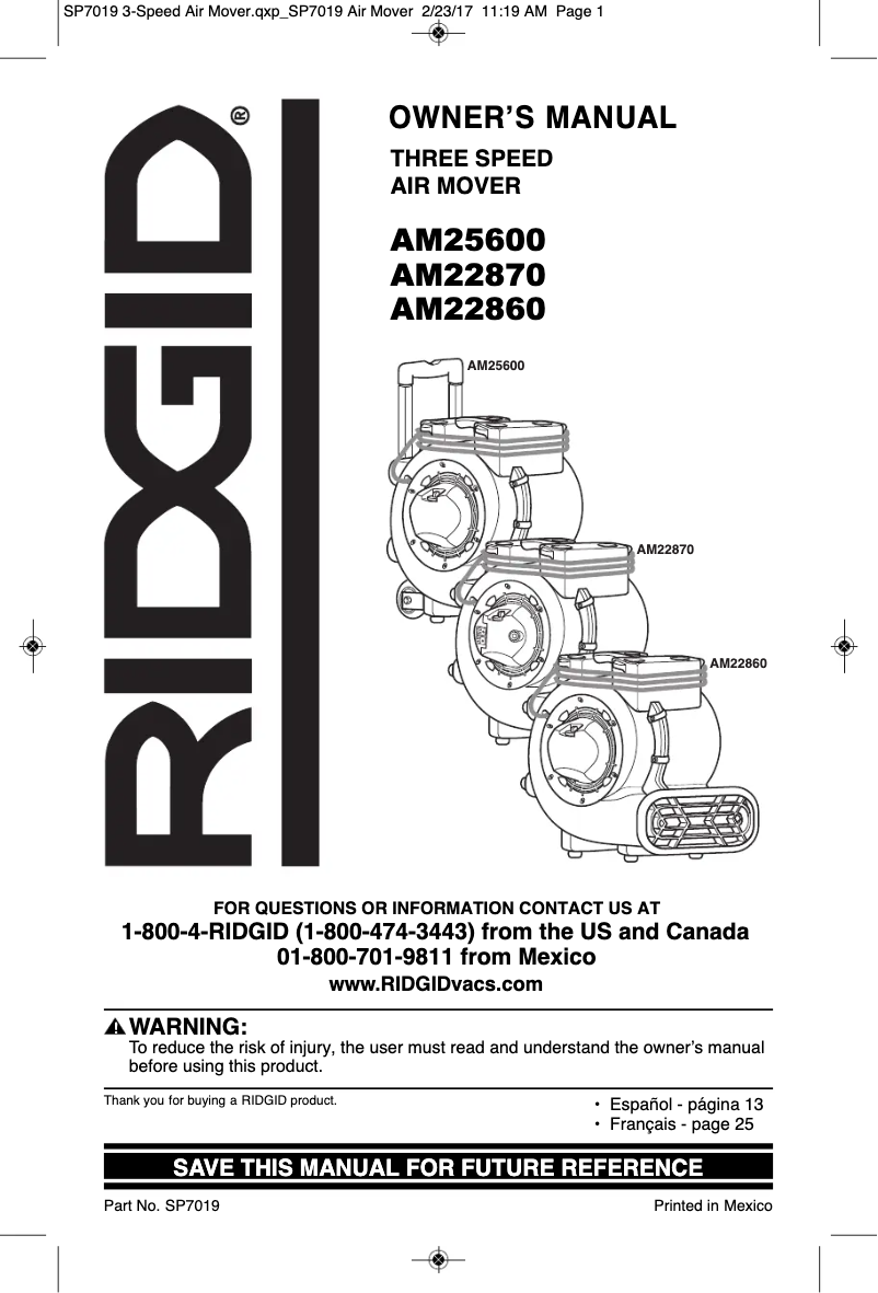 Page 1 of the manual User Manual Ridgid AM22860