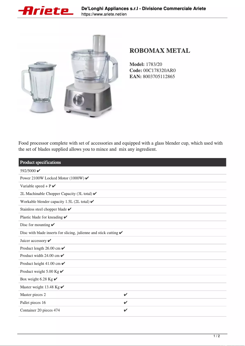 Page 1 of the manual Technical Sheet Ariete RoboMax Metal 1783