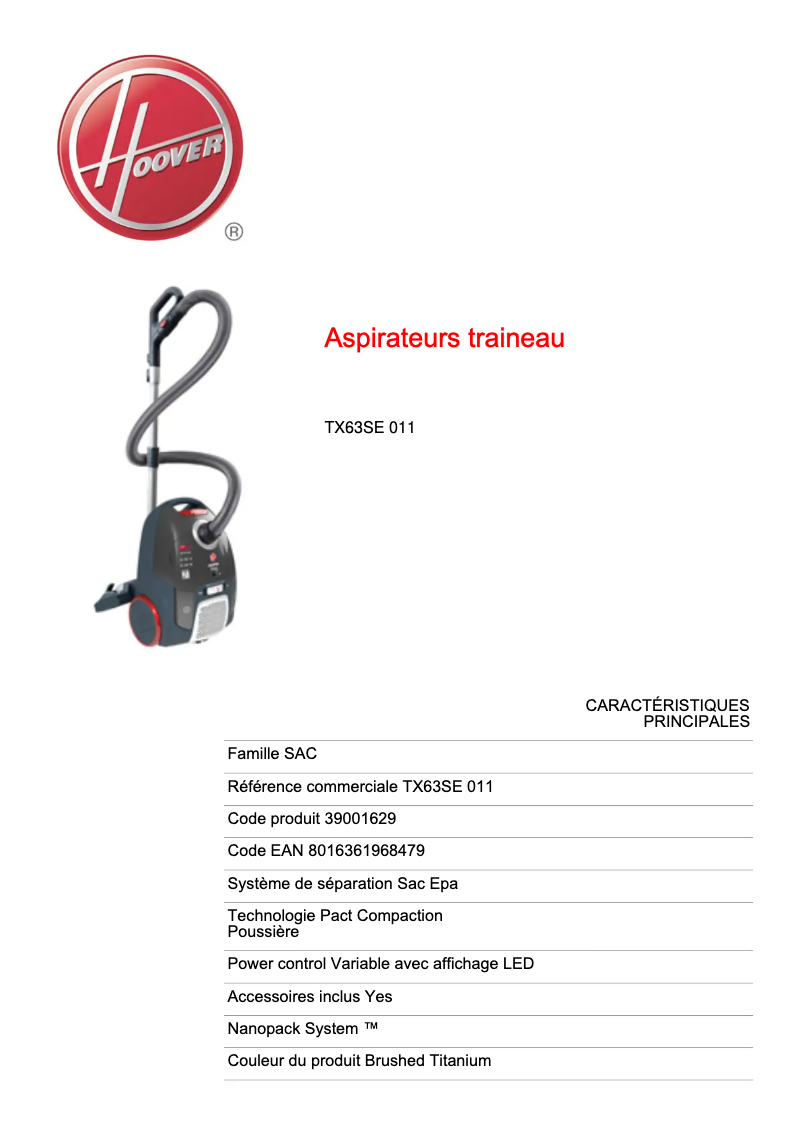 Page 1 of the manual Technical Sheet Hoover Telios Extra TX63SE 011