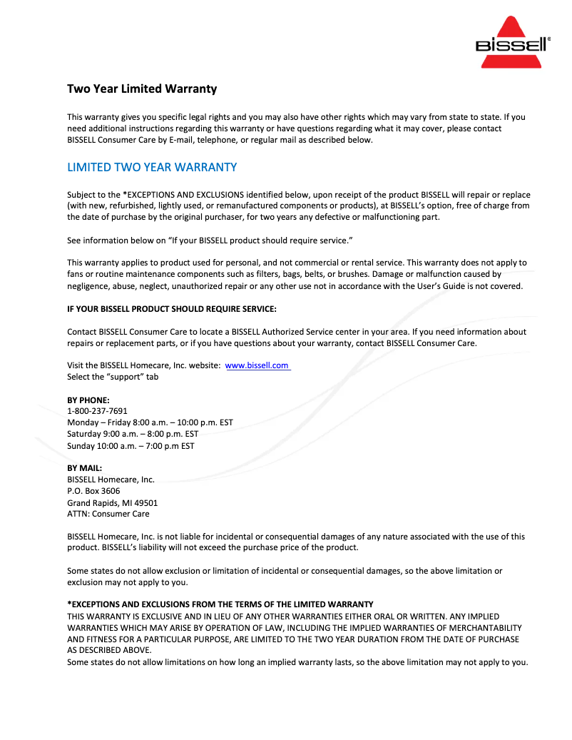 Page 1 of the manual Warranty Information Bissell air400