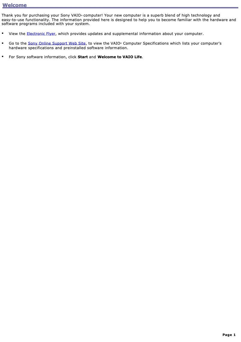 First page image of the manual for Vaio PCV-RS431