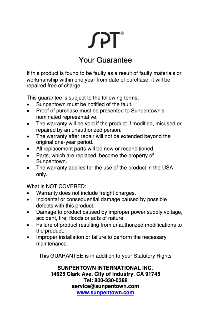 Page 1 of the manual Warranty Information SPT SA-005