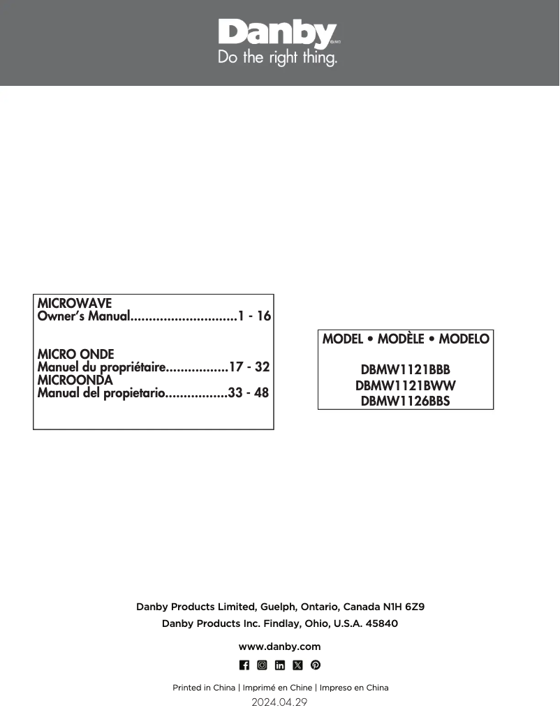 Page 1 of the manual User Manual Danby DBMW1121BWW