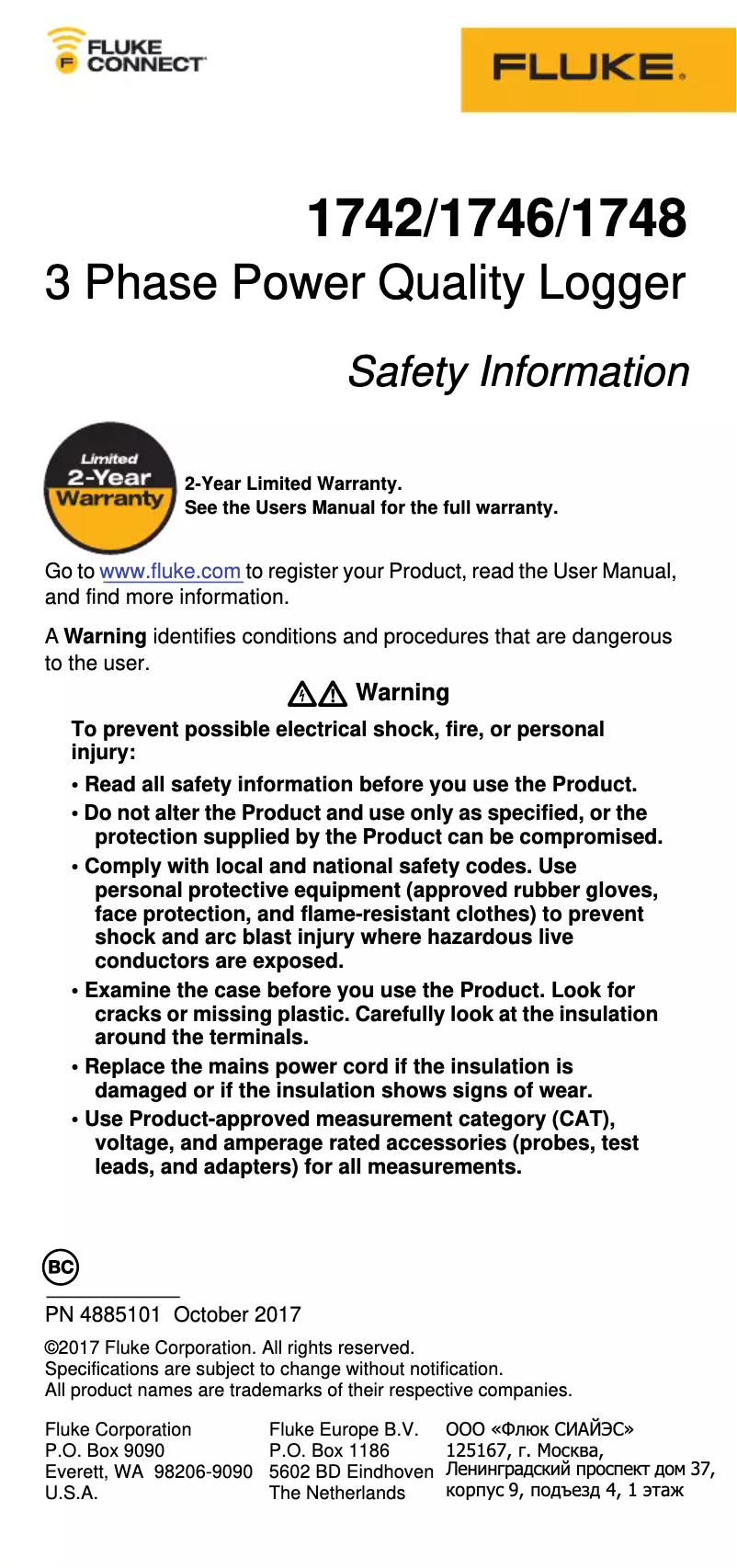 Page 1 of the manual Safety Instructions Fluke 1746