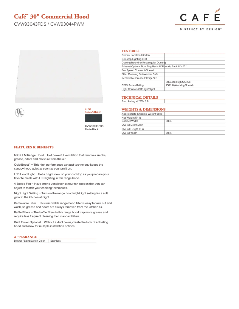 Page 1 of the manual Technical Sheet GE CVW93043PDS