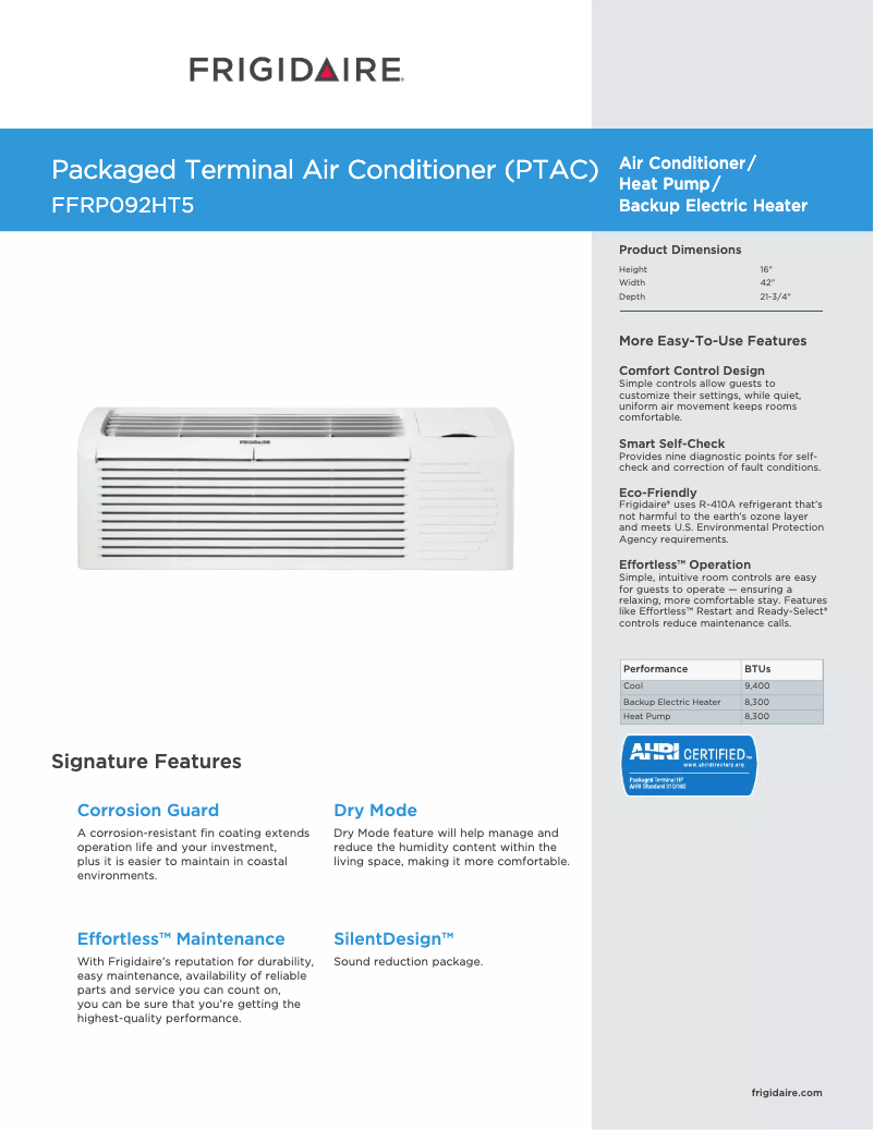 Page 1 of the manual Technical Sheet Frigidaire FFRP092HT3