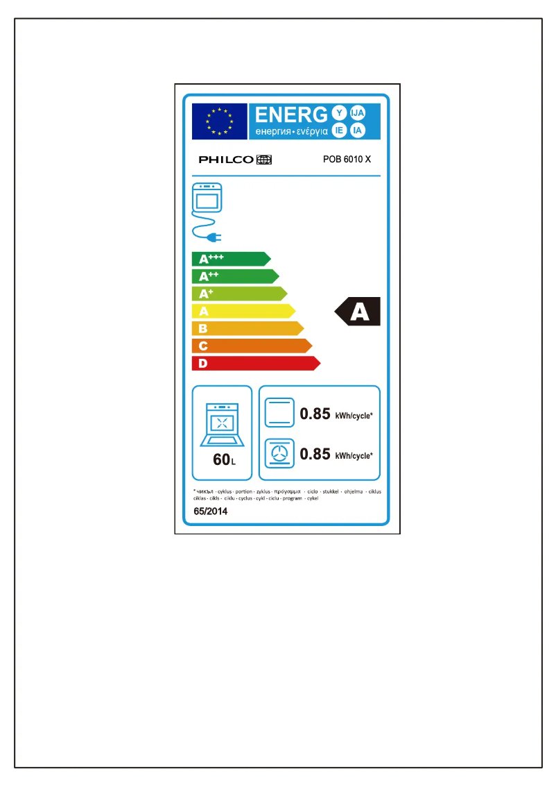 Page 1 of the manual Energy Label Philco POB 6010 X