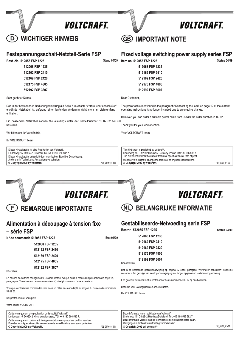 Page 1 of the manual User Manual Voltcraft FSP 1225