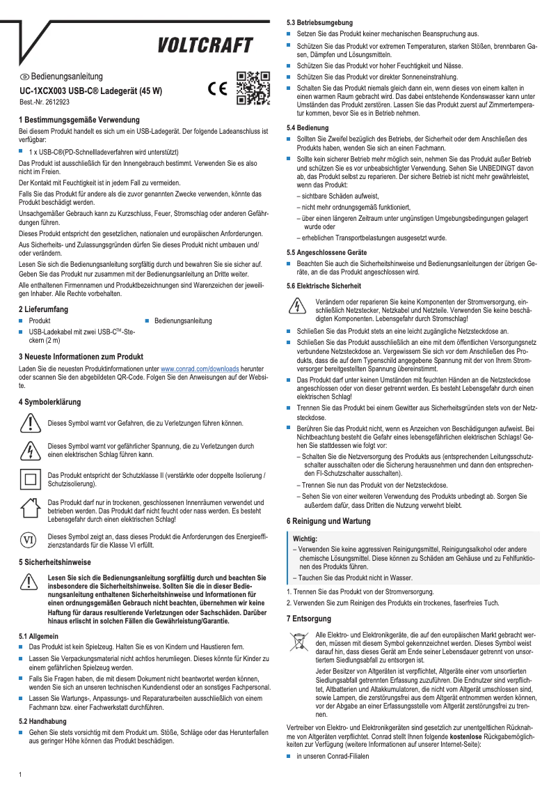 Page 1 of the manual User Manual Voltcraft UC-1XCX003