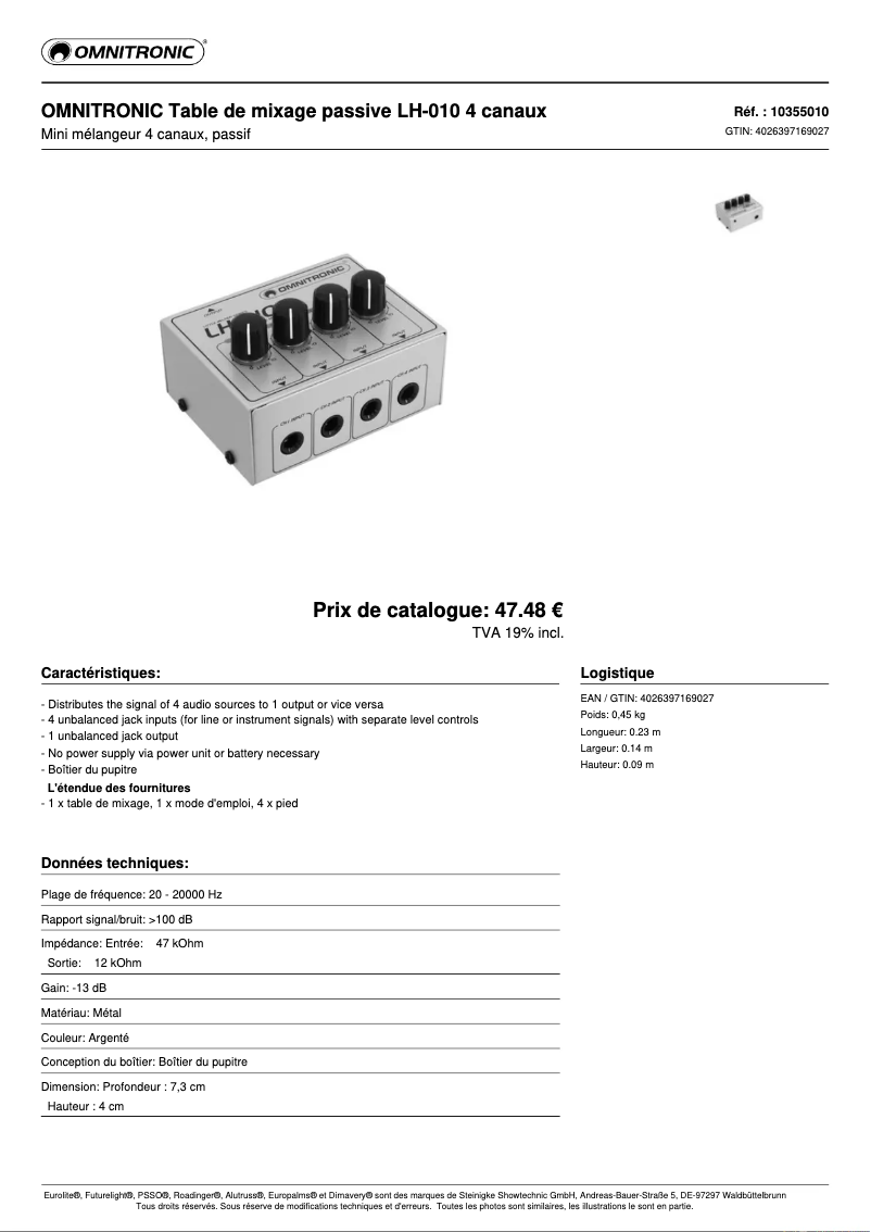 Page 1 of the manual Technical Sheet Omnitronic LH-010