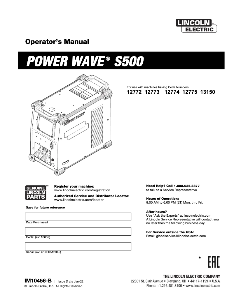 Page 1 of the manual User Manual Lincoln Electric Wave S500