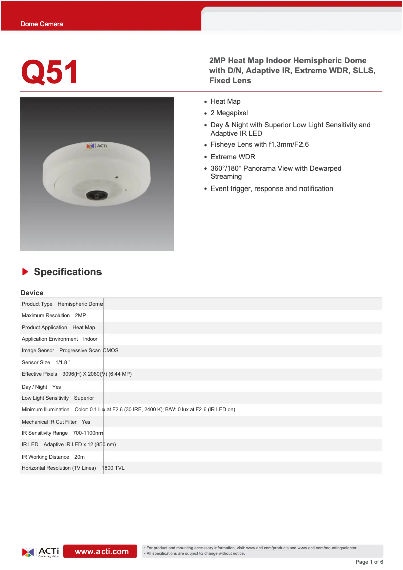 Page 1 of the manual Technical Sheet ACTi Q51