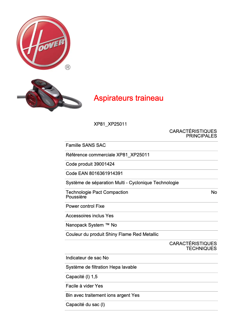 Page 1 of the manual Technical Sheet Hoover Xarion Pro XP81_XP25011