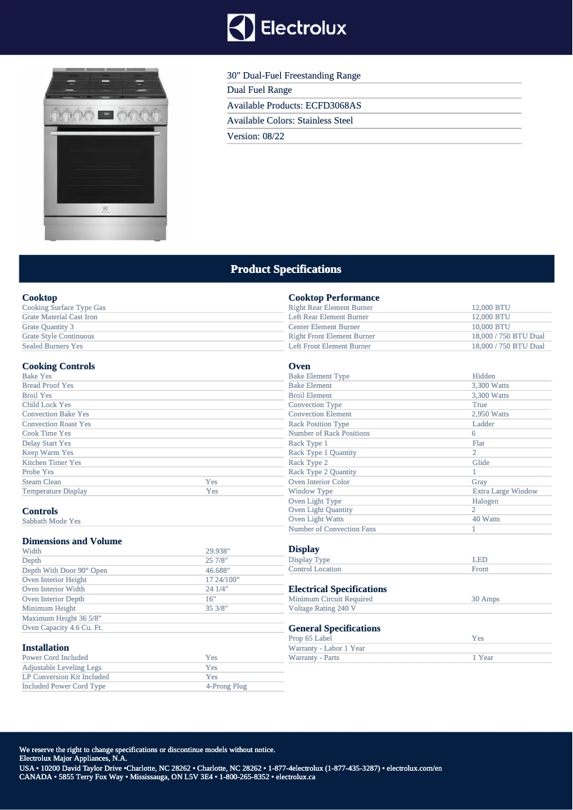Page 1 of the manual Technical Sheet Electrolux ECFG3068AS