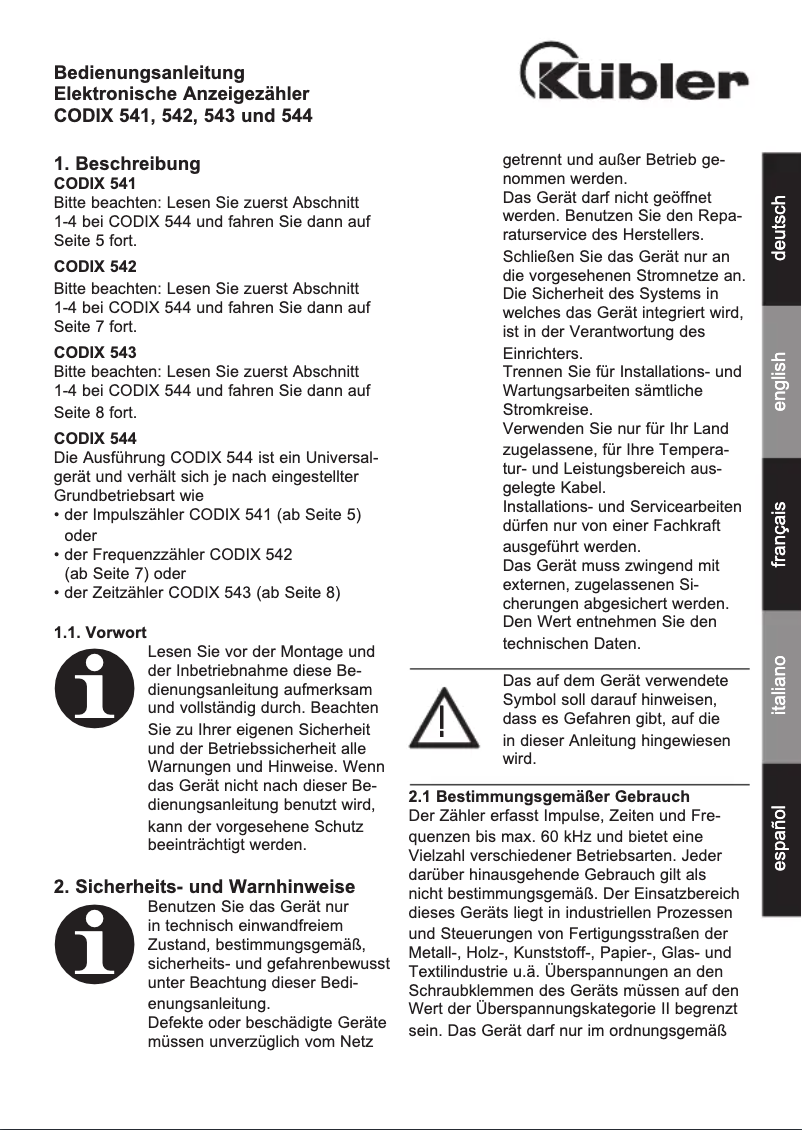 Page 1 of the manual User Manual Kübler Codix 543