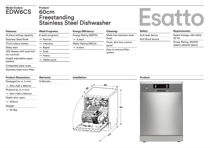 Page 1 of the manual Technical Sheet Esatto EDW6CS