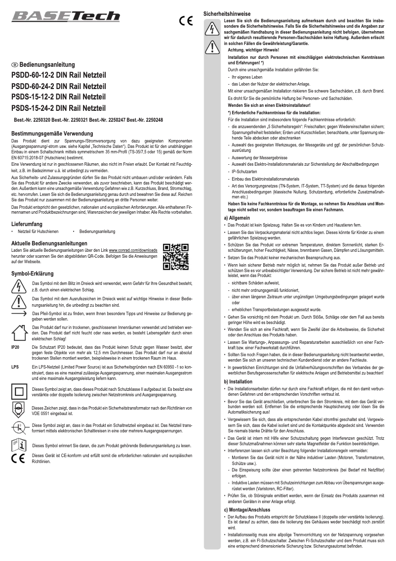 Page 1 of the manual User Manual BaseTech PSDS-15-12-2