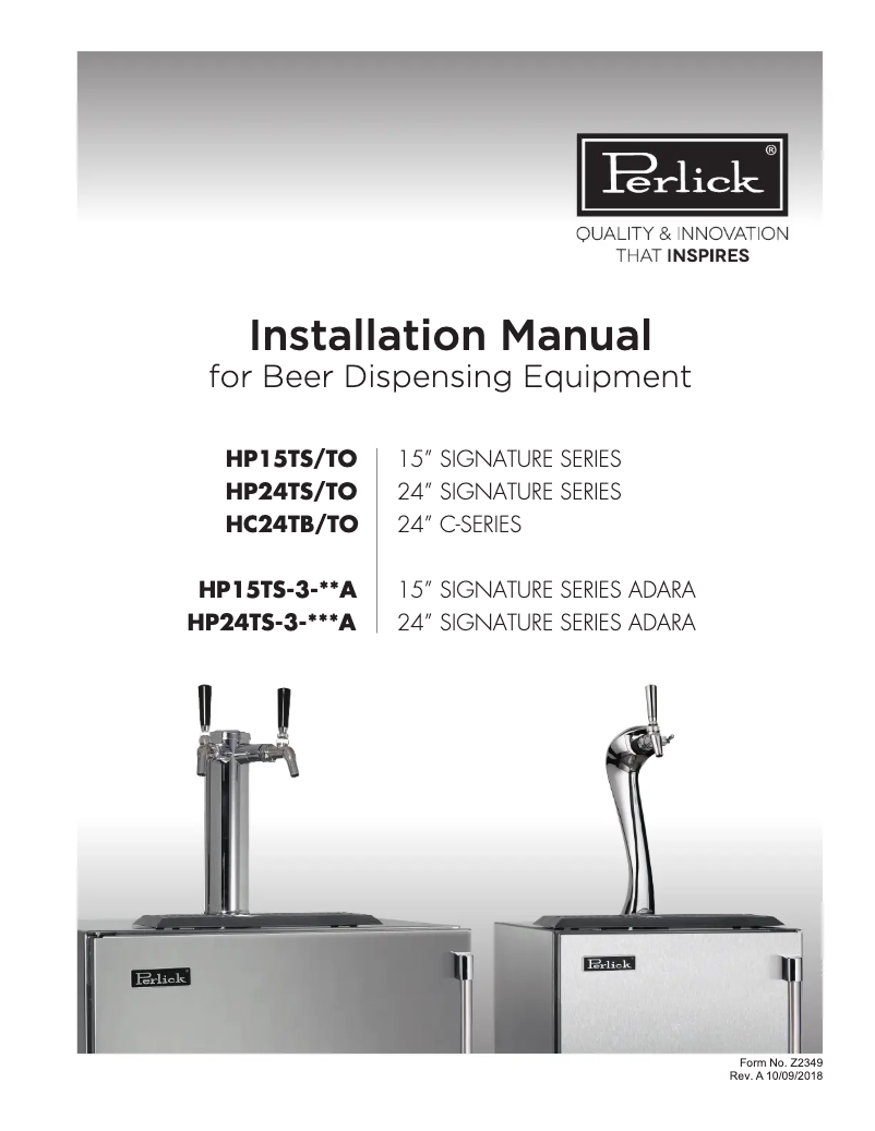 Page 1 of the manual Installation Guide Perlick HP24TS-4-2L-2A