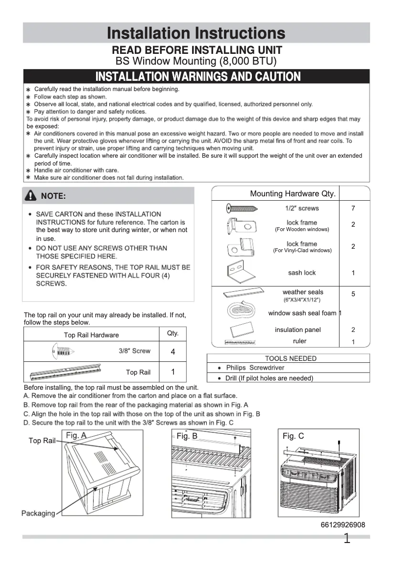 Page 1 of the manual Installation Guide Frigidaire FFRE0833U1