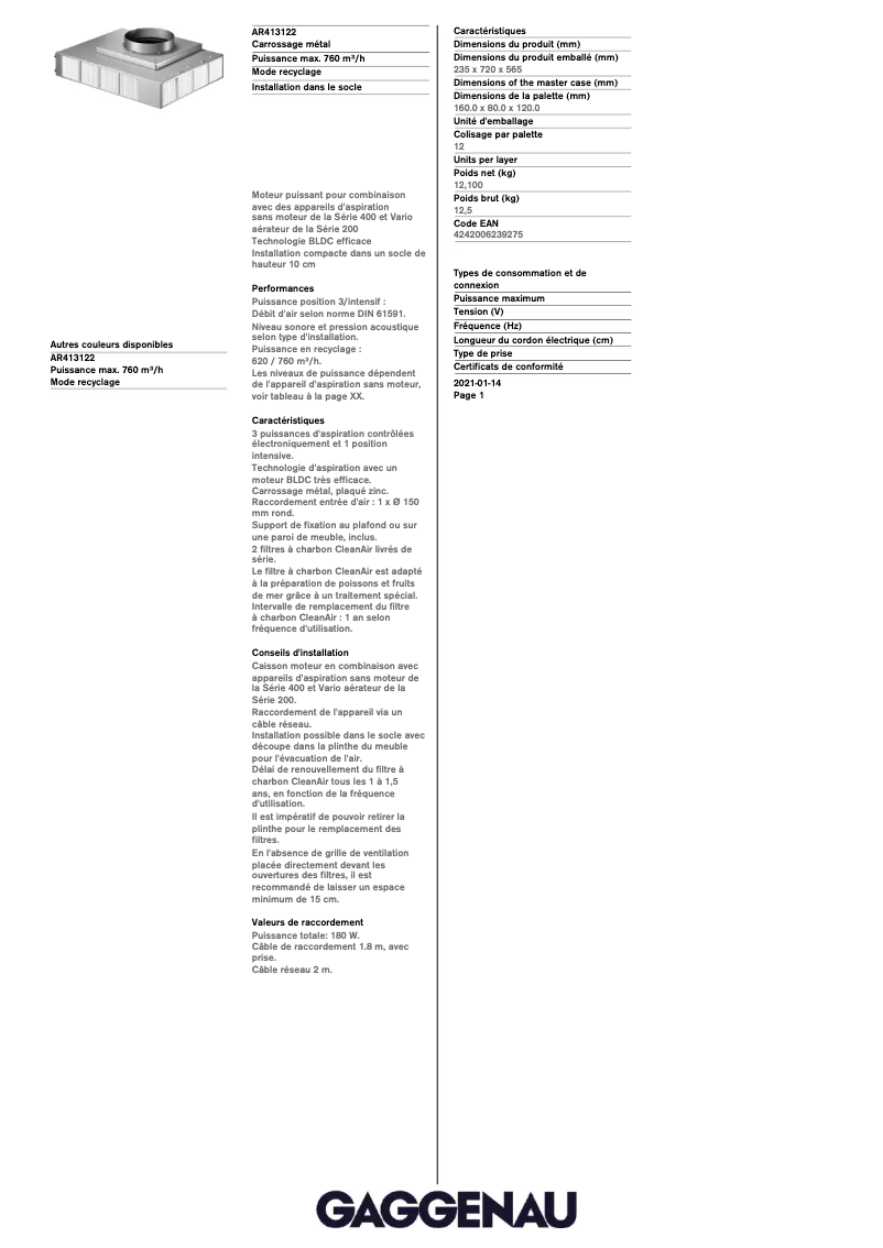 Page 1 of the manual Technical Sheet Gaggenau AR413122