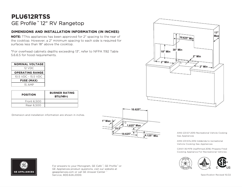 Page 1 of the manual Technical Sheet GE Profile PLU612RTSS