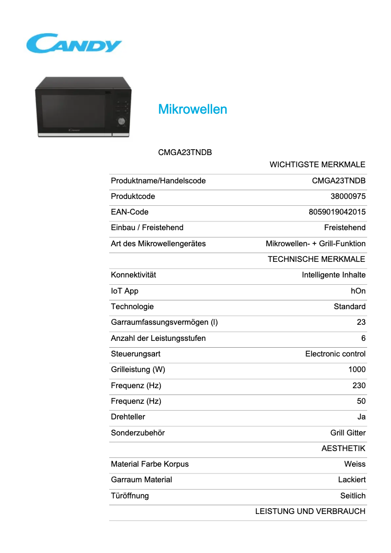 Page 1 of the manual Technical Sheet Candy CMGA23TNDB