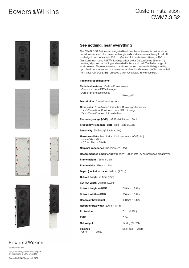 Page 1 of the manual Technical Sheet Bowers & Wilkins CWM7.3 S2