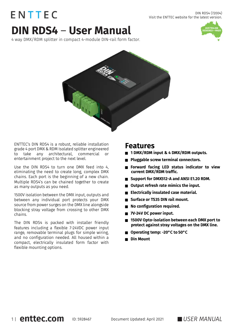 First page image of the manual for DIN RDS4