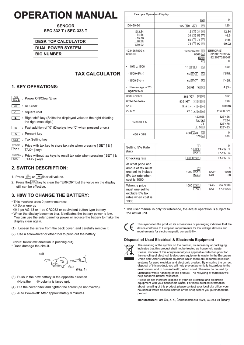 First page image of the manual for SEC 333T