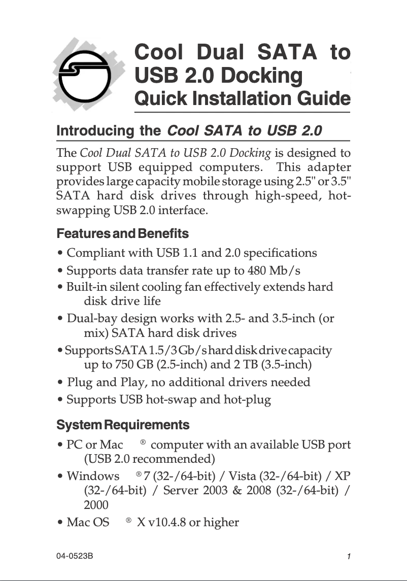 Page 1 de la notice Manuel utilisateur Siig SATA/USB 2.0 Docking