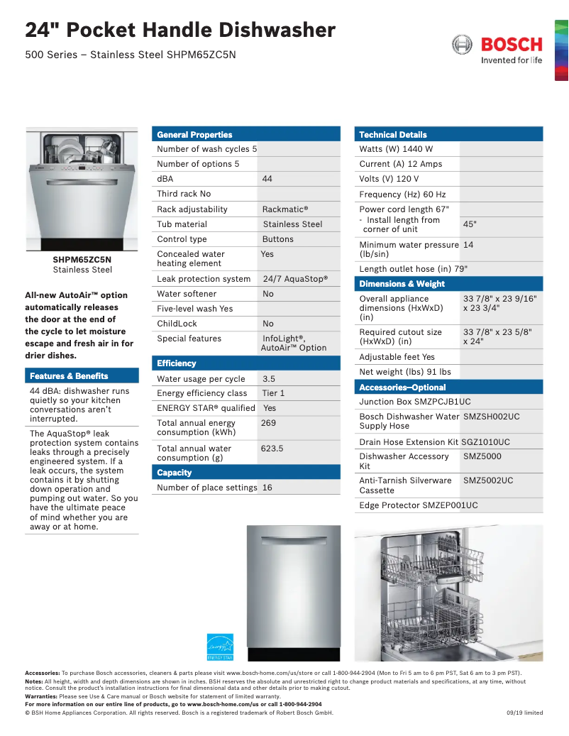 Page 1 of the manual Technical Sheet Bosch SHPM65ZC5N