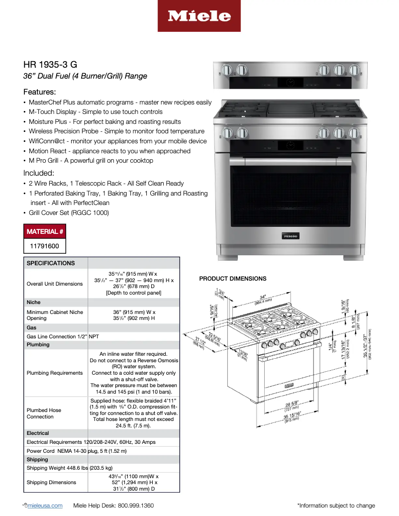 Page 1 of the manual Technical Sheet Miele HR 1935-3 G