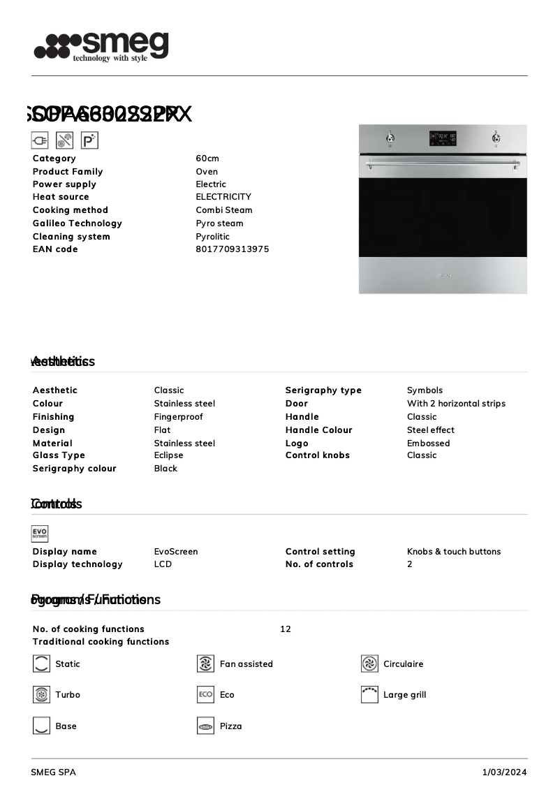 Page 1 of the manual Technical Sheet Smeg SOPA6302S2PX