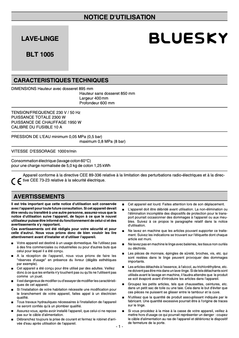 Page 1 of the manual User Manual Bluesky BLT 1005