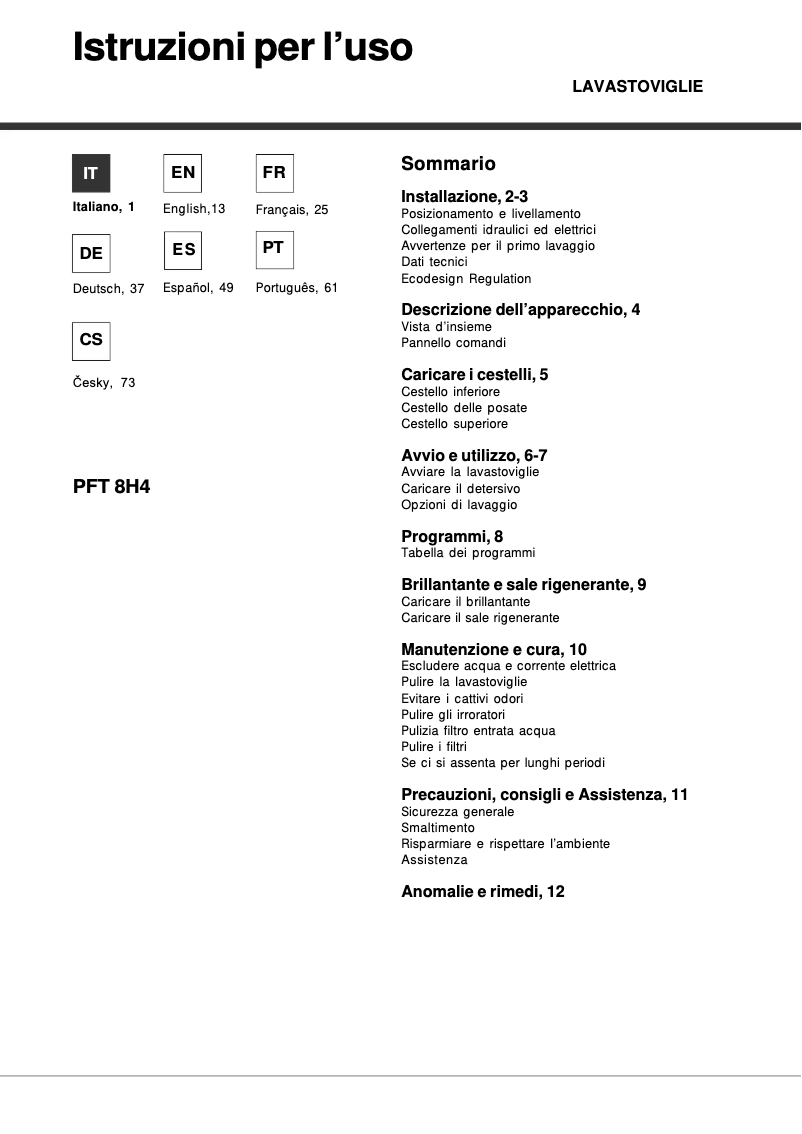 First page image of the manual for PFT 8H4X
