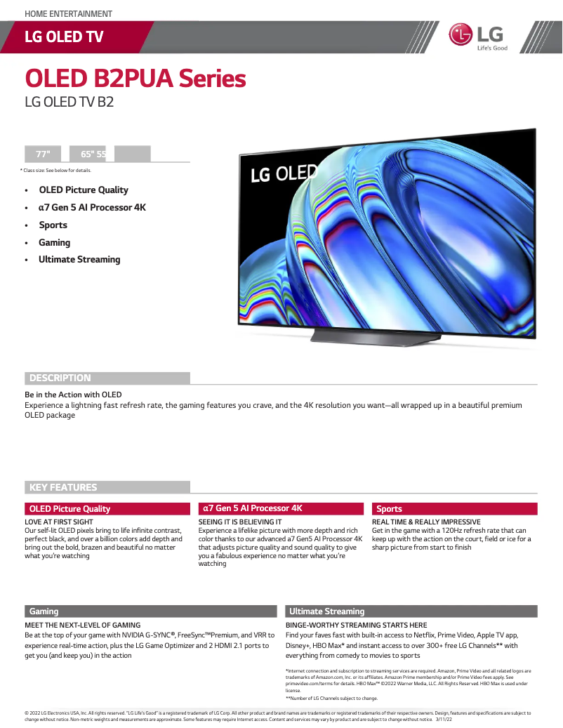 Page 1 of the manual Technical Sheet LG OLED77B2PUA