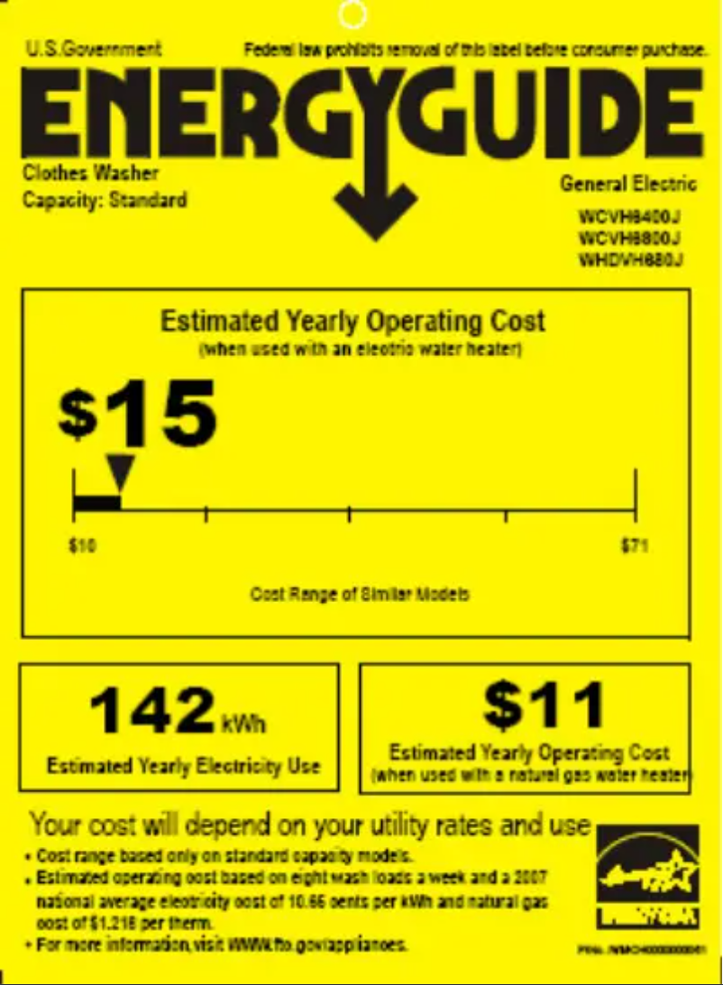 Page 1 of the manual Energy Label GE WCVH6400JWW