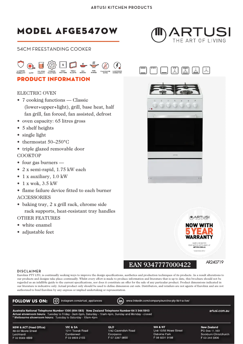 Page 1 of the manual Technical Sheet Artusi AFGE5470W