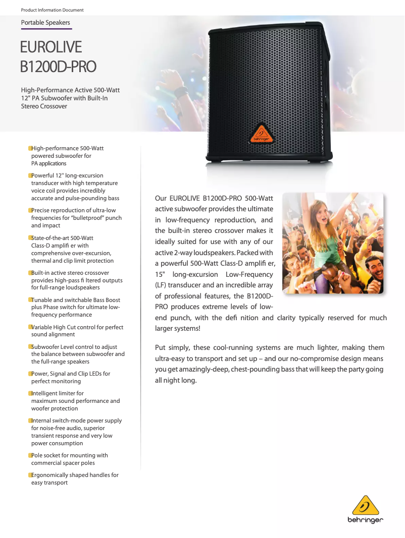 Page 1 of the manual Technical Sheet Behringer B1200D-PRO