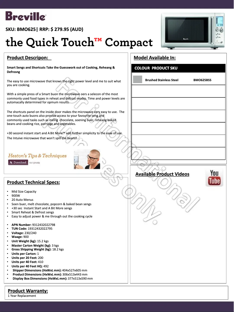 Page 1 of the manual Technical Sheet Breville the Quick Touch Compact BMO625