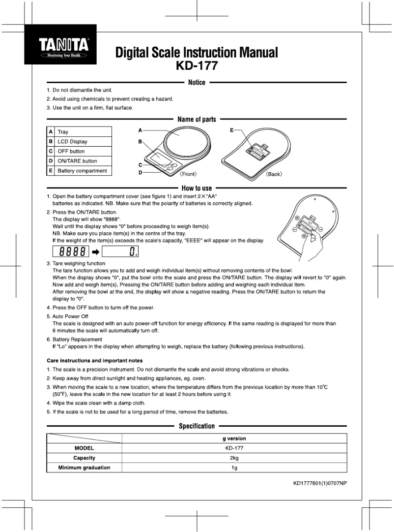 First page image of the manual for KD-177