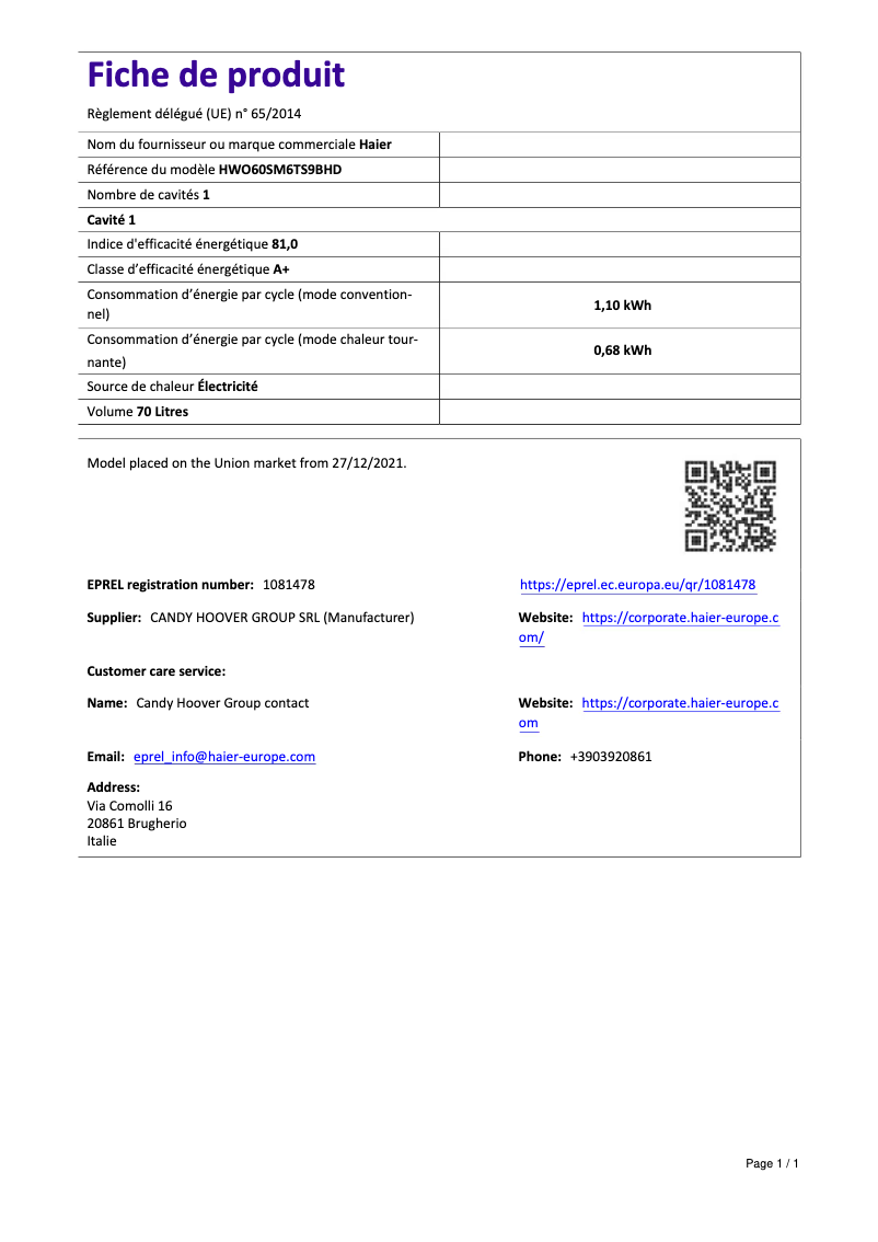 First page image of the manual for I-Touch Series 6 HWO60SM6TS9BHD
