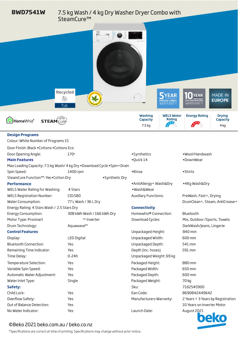 First page image of the manual for BWD7541W
